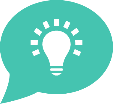 Thought bubble icon with a lit lightbulb inside for developing an action plan